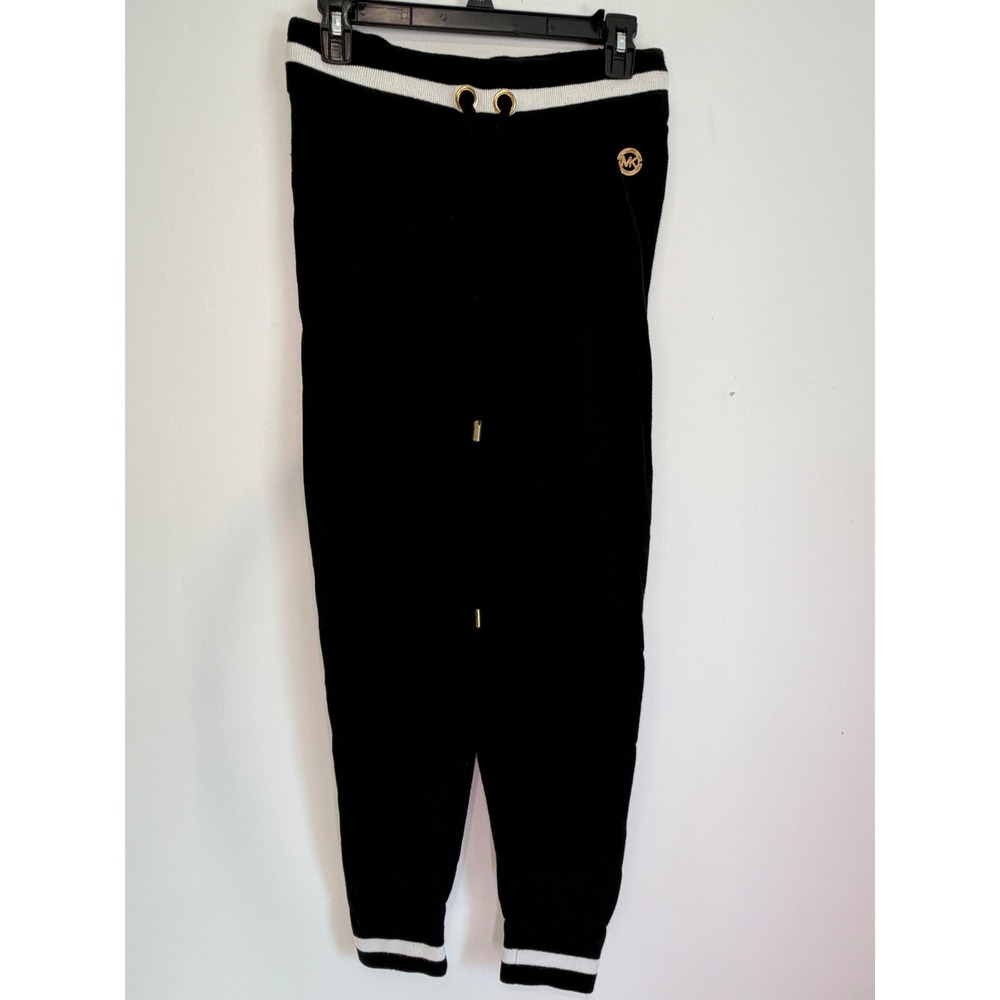 Michael Kors Womens Black Knit Jogger Pants Gold Logo Varsity Stripe Large